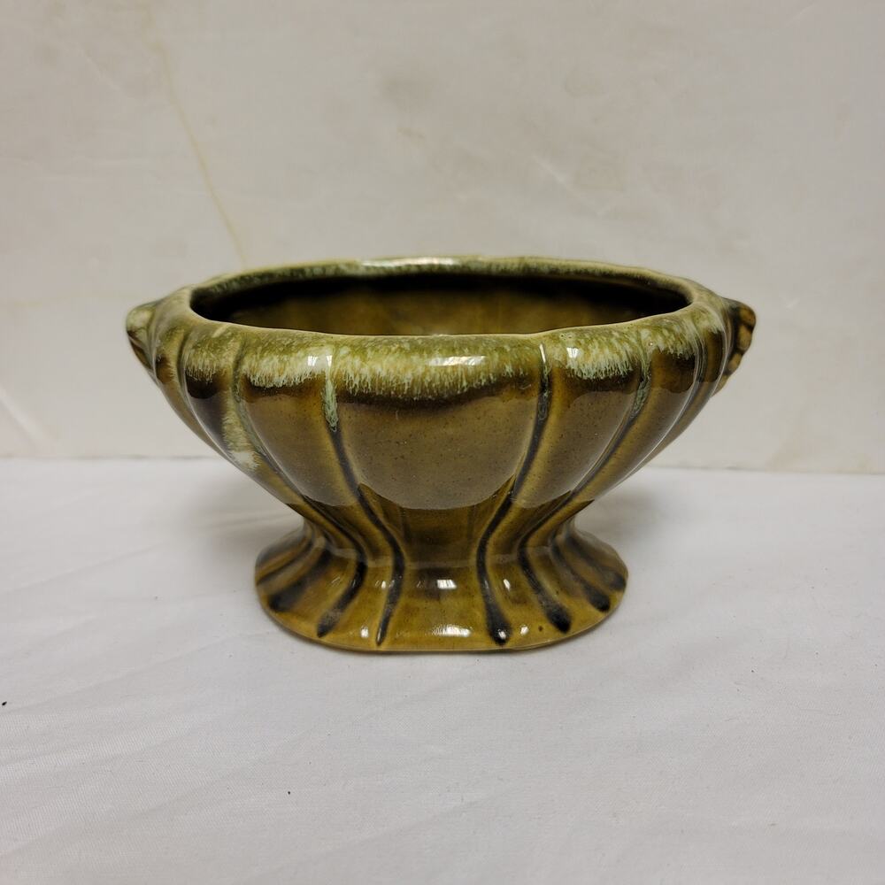 Vintage Olive Green Ceramic Planter 4 Inch Desk Indoor Decor Earthy Glaze Pot